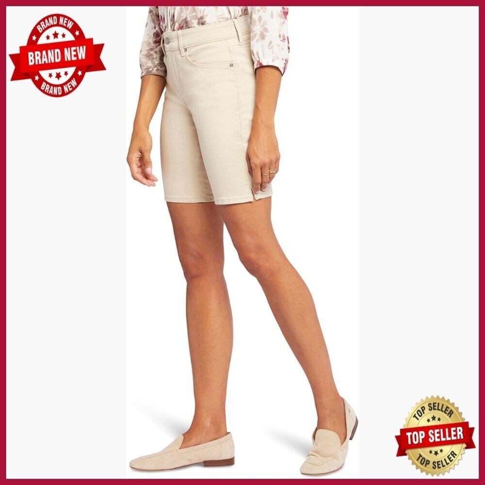 High Rise Denim Shorts with Side Slits, 9 Inch Inseam, Cotton Blend